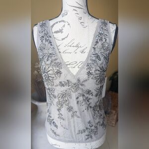 Romantic Vintage-Inspired Sheer Beaded Tulle Top Silver/Gray Sequins Medium